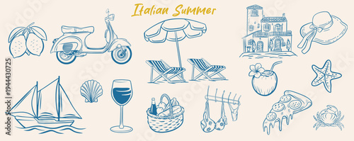 Italian Seaside Summer Doodle Illustration Collection. Hand Drawn Vector Mediterranean Beach Holiday Elements for Party Picnic and Wedding