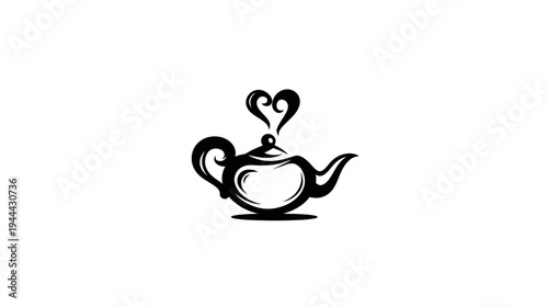 Stylized, black and white illustration of a teapot with steam rising in the shape of a heart