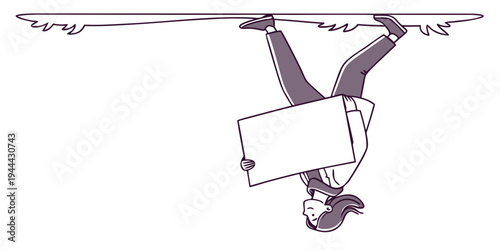 Person hanging upside down with blank sign white board