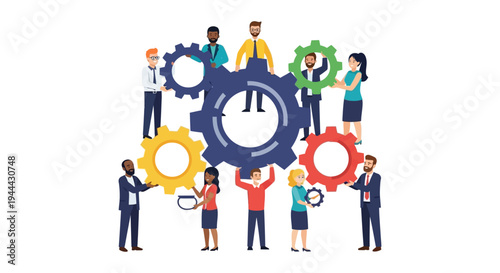 Diverse Team Collaboration: Professionals Connecting Interlocking Gears Symbolizing Synergy, Business Processes, and Success
