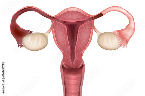 Realistic Female Pelvic Anatomy Uterus Fallopian Tubes Ovaries Gynecology Medical Illustration. Medical Educational Diagram Front View. Female Reproductive System