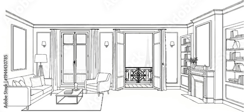 Elegant Parisian salon with a view of the Eiffel Tower through French doors