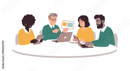 Diverse Business Team Collaborating: Professionals Working with Laptops & Tablets. Flat Illustration of Modern Team Meeting.