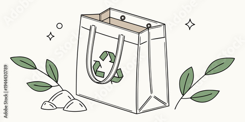 Eco friendly shopping bag with recycling symbol and green leaves sustainable