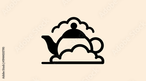 Stylized, minimalist black teapot icon, with steam-like shapes, on a warm beige background