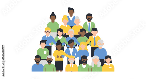 Diverse Crowd of People Vector Illustration: Multi-Ethnic and Multi-Generational Group Representing Community, Teamwork, and Social Inclusion