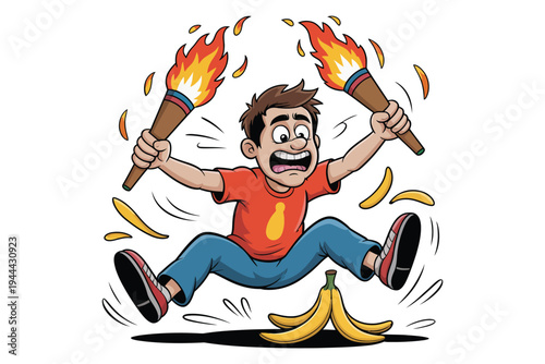 Man holding flaming torches slips on banana peel in comical action scene
