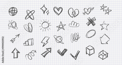 Hand drawn universal icon set on notebook paper. Rough pencil sketches of hearts, stars, arrows, check marks, cross and sun. Messy doodle scribble shapes for planner, social media and web design.