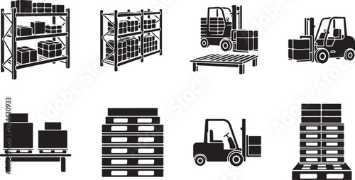 Warehouse Storage and Forklift Icons for Logistics and Supply Chain