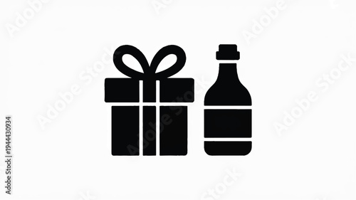 A black silhouette of a gift box and a bottle with a cap