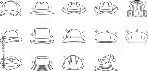 Collection of different hat outline icons including cowboy hat cap helmet beret top hat and winter beanie minimal line vector set