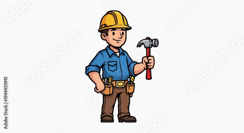An illustration of a worker in a yellow hard hat holding a hammer