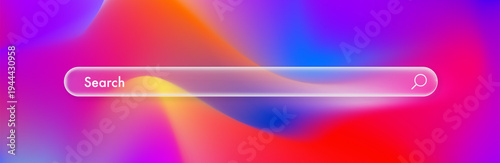 Search bar glassmorphism 3d Internet browser engine on gradient backdrop for UI design, website interface element with web icon and push button