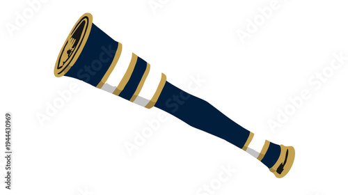 A stylized vector illustration of a navy and gold-detailed monocular telescope, angled on white