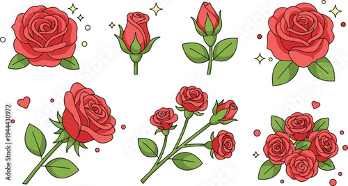 Collection of red rose flowers and buds cartoon vector set with leaves, romantic floral elements for wedding, love, Valentine’s Day decoration design