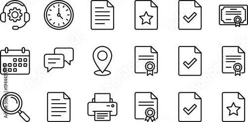 Office Document and Business Service Outline Icon Set with File Approval, Certificate Award, Printer, Calendar, Chat Message, Location Pin and Support Symbols