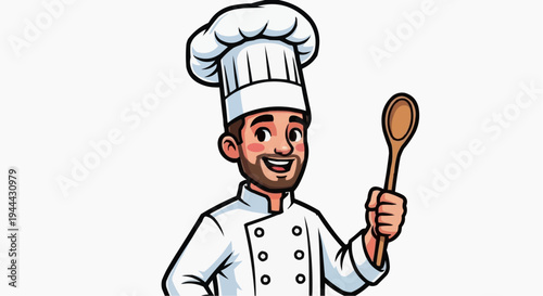 Vector illustration of a cheerful chef holding a wooden spoon