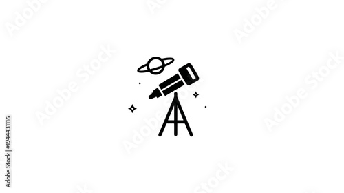 Black and white illustration of a telescope, planet with rings, stars, and dots on white background