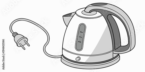 White electric kettle with gray accents and cord on white background