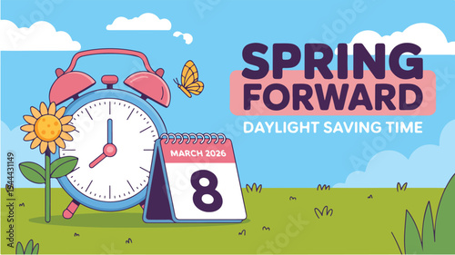 Spring-themed daylight saving time illustration with alarm clock, sunflower, calendar, and butterfly in flat minimalist style on bright background