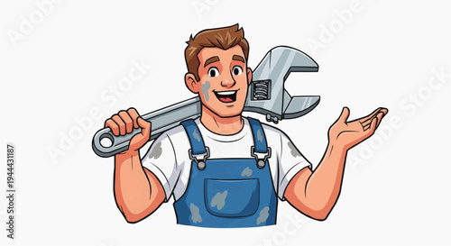 A cheerful mechanic holding a large wrench over his shoulder