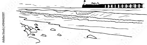 Ink sketch of a beach with waves, rocks, and a distant pier with a lighthouse