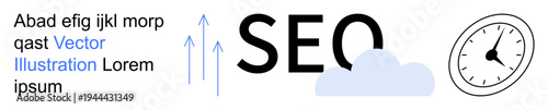 SEO, digital marketing, time management, optimization, search engine rankings, productivity. The design includes a cloud, upward arrows and a clock. SEO and digital marketing concept
