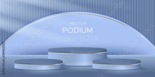 A backdrop with three podiums in blue tones