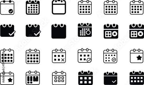 Modern collection of 25 calendar icons in diverse styles with check marks, stars, exclamation points, circles, crosses, perfect for apps, websites, and user interface design