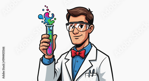 A scientist holding a colorful test tube filled with a vibrant liquid