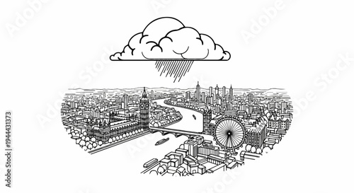 Ink sketch of a city skyline under a rain cloud with prominent river