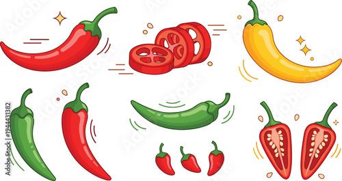 Colorful chili pepper vegetables collection whole sliced and different varieties spicy food ingredient cartoon flat vector illustration set