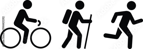 Silhouette icons of outdoor activities showing cycling, hiking with backpack, and running exercise figures, perfect for fitness, recreation, and healthy lifestyle promotional design concepts
