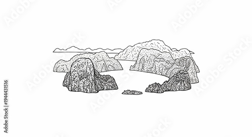 Ink sketch of a karst landscape with islands and water