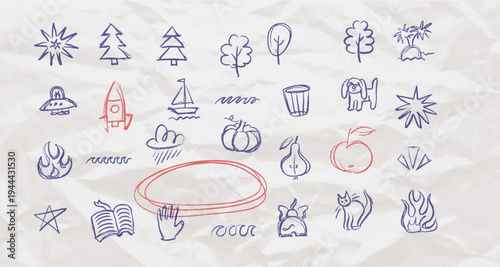 Nature and travel hand drawn icon set on crumpled paper texture. Rough pencil sketches of tree, sea, rocket, cat, dog and fruit. Messy doodle scribble elements for summer camp poster or kids sticker