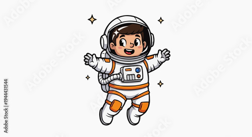 Illustration of a boy in a white and orange spacesuit floating with a happy expression.