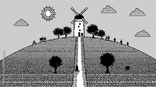 Black and white pixelated illustration depicting a hilltop scene with a windmill, trees, and figures