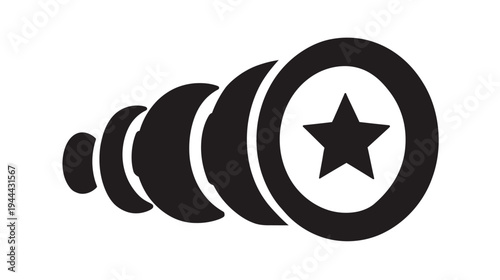 A black and white graphic depicting a telescope-like object with a star on its final ring