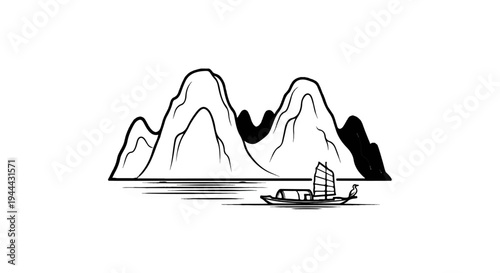Ink sketch of jagged peaks rising from water with a sailboat
