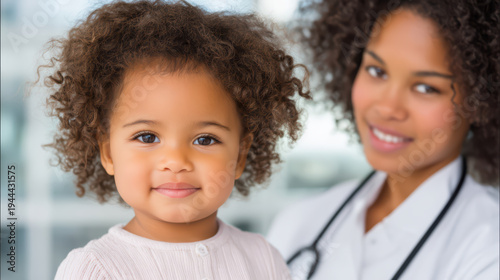 Smiling toddler girl with curly hair and happy female doctor in background, both showing warmth and care in medical setting