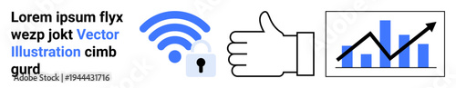 Data security, technology, online communication, growth analysis, business analytics, cybersecurity. wireless signal icon with a lock, thumbs up and upward graph. Data security and technology