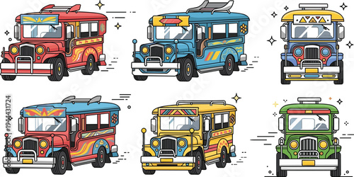 Colorful jeepney transport vehicles collection traditional Filipino public transportation cartoon flat vector illustration set