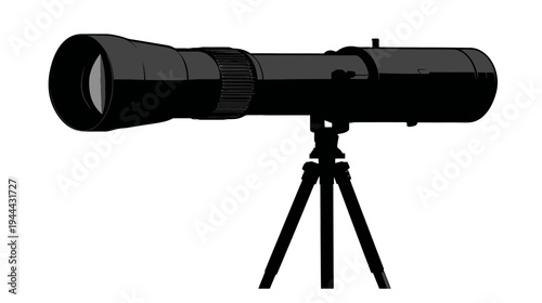 A black, long-barreled optical device on a tripod, appearing in silhouette against a white background