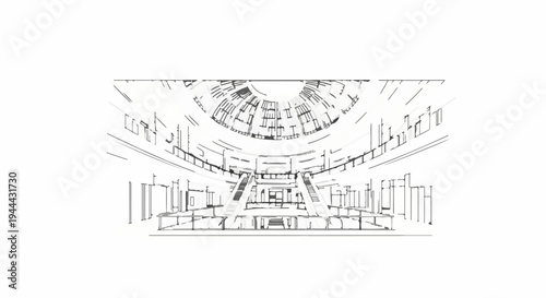 Futuristic interior with dome, escalators, and geometric structures