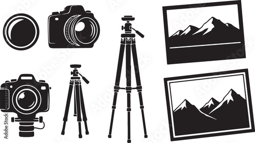 Photography equipment and mountain landscape icons in black white