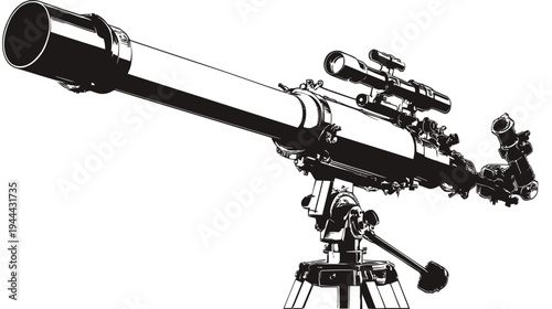 A black and white illustration of a telescope on a tripod, angled slightly upwards