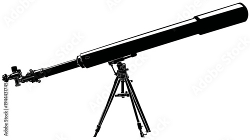 A black and white illustration of a telescope on a tripod, angled across a white background
