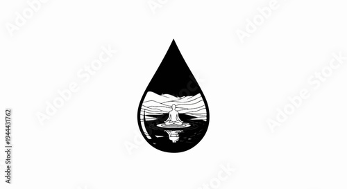 Inner peace reflected in a water drop, within a mountain landscape