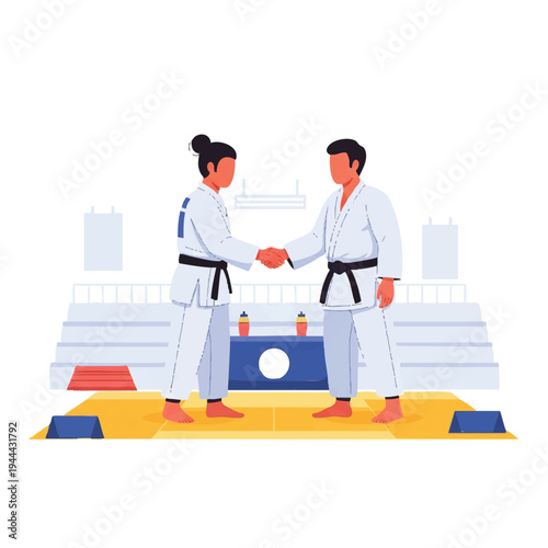 Martial Arts Athletes Shaking Hands in Arena Illustration
