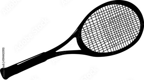 A black and white vector illustration of a tennis racket, presented at an oblique angle